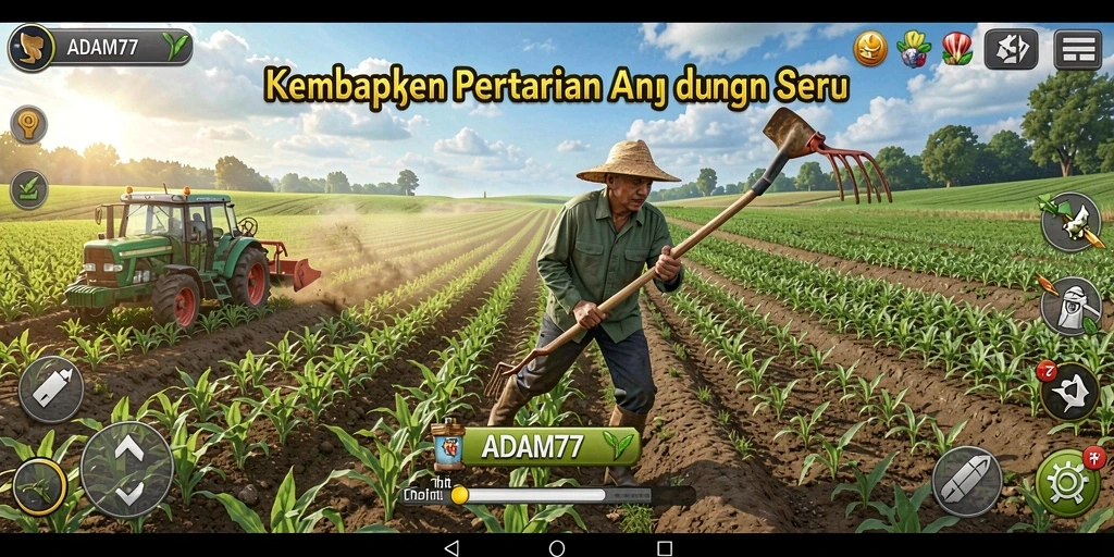 Tampilan menarik dari gameplay pertanian di ADAM77 yang penuh warna.