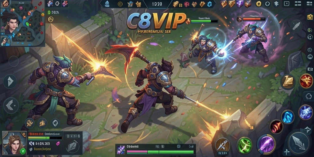 Screenshot C8VIP menunjukkan pertempuran seru antara karakter-karakter unik dalam MOBA.