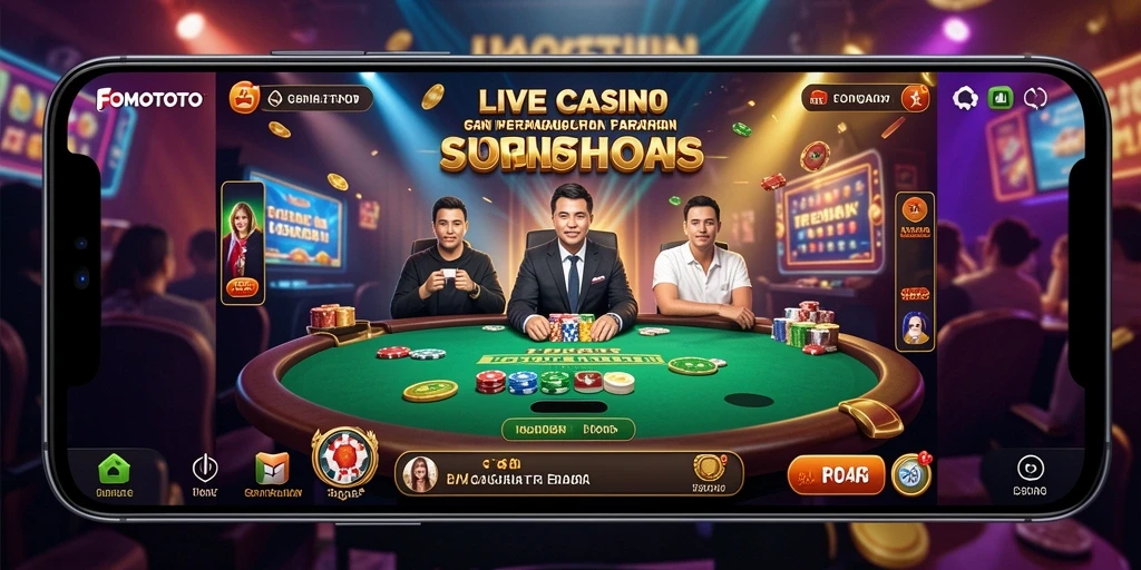 Tampilan gameplay FOMOTOTO menampilkan dealer profesional dalam suasana kasino yang menarik.