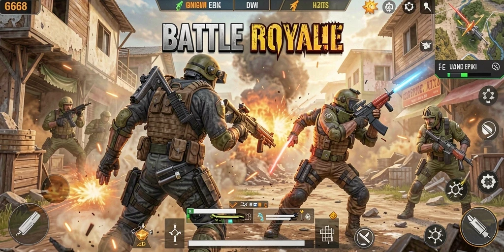 Screenshot gameplay G668 yang menunjukkan aksi Battle Royale yang mendebarkan.
