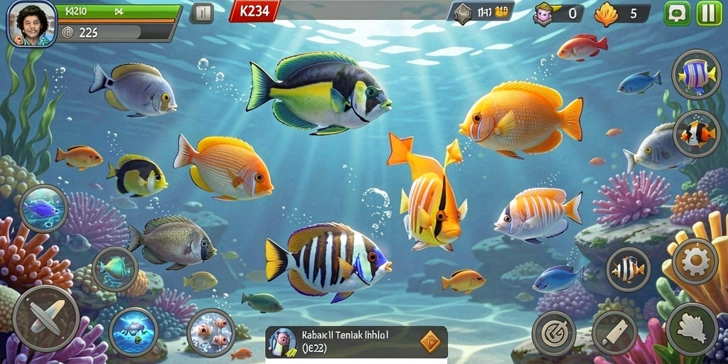 Tangkapan layar memperlihatkan gameplay seru dalam K234 saat menangkap ikan.