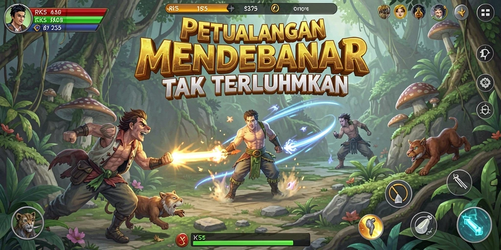 Screenshot dari gameplay RK55 yang menunjukkan aksi berpetualang.