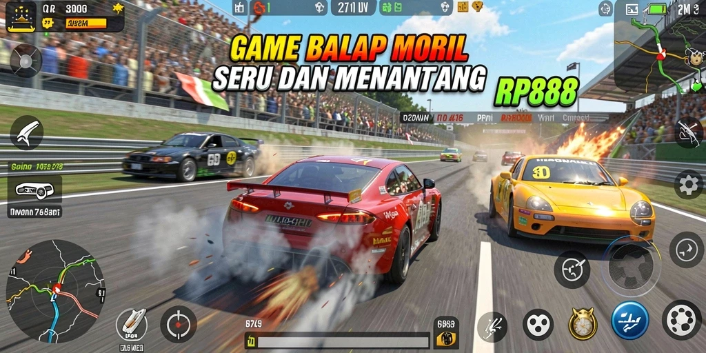 Screenshot RP888 menampilkan aksi balap mobil yang seru dan mendebarkan.