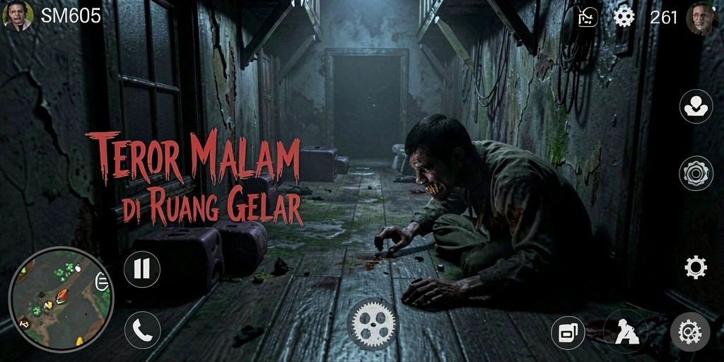Screenshot utama SM605 dengan adegan menegangkan di ruang gelap.