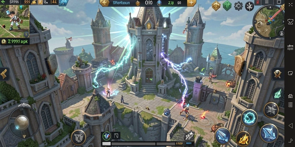 Tampilan gameplay SR996 dengan menara dan musuh yang melawan.